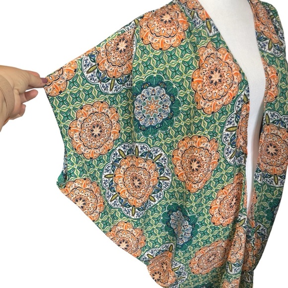 Umgee Orange Green Kimono Wrap Floral Geometric Open Oversized Boho Gypsy Small - Picture 3 of 8
